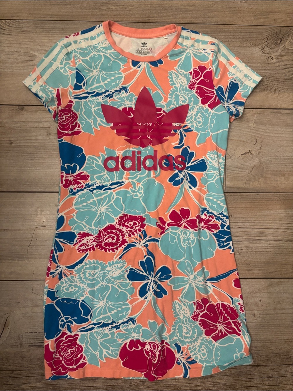 Adidas Short Sleeve Girls XL Coral, Aqua & Navy Floral Logo Dress